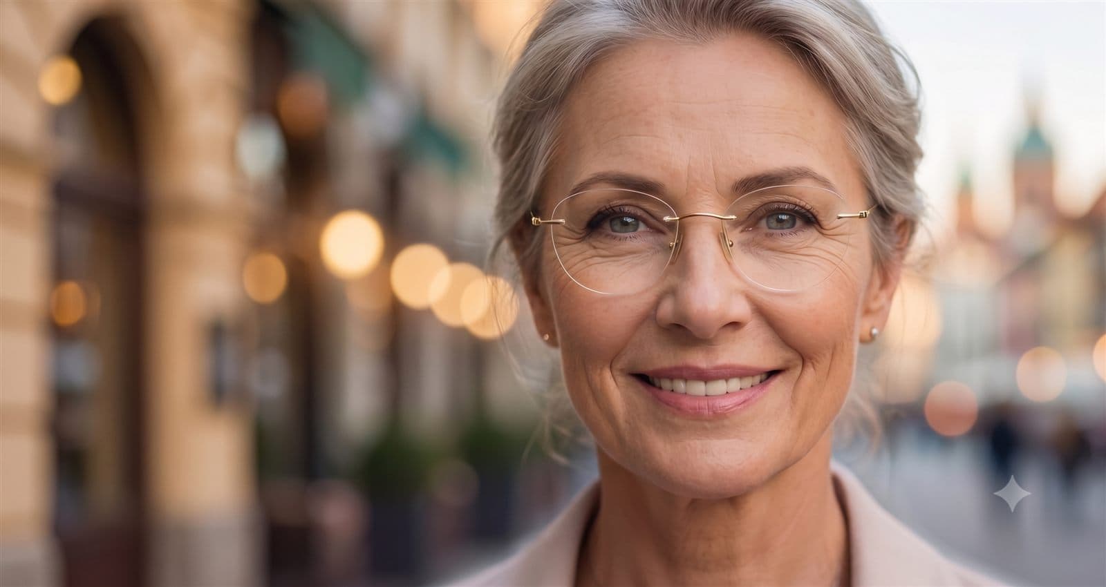 Spokojná klientka s okuliarmi — Emma Crystal optometrické centrum